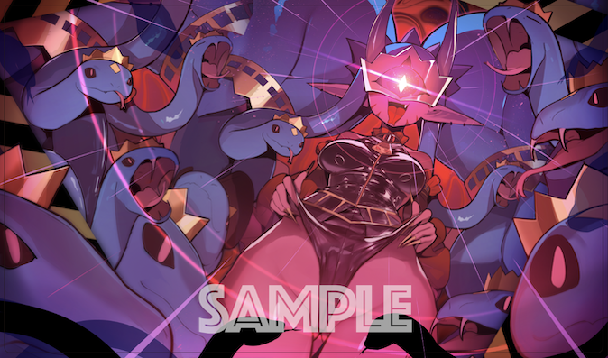 COMIC1☆28/エアコミ1 新作発表⑨ 

 メデューサモン の スリーブ(一部が光ってます) や プレイマット になります！  

イラストレーターは RO_G_（<a href="/OOwack_/">RO_G_🔞</a>） 様です。  

※プレイマットは通常版とメモリーゲージ付き版の2種類があります。