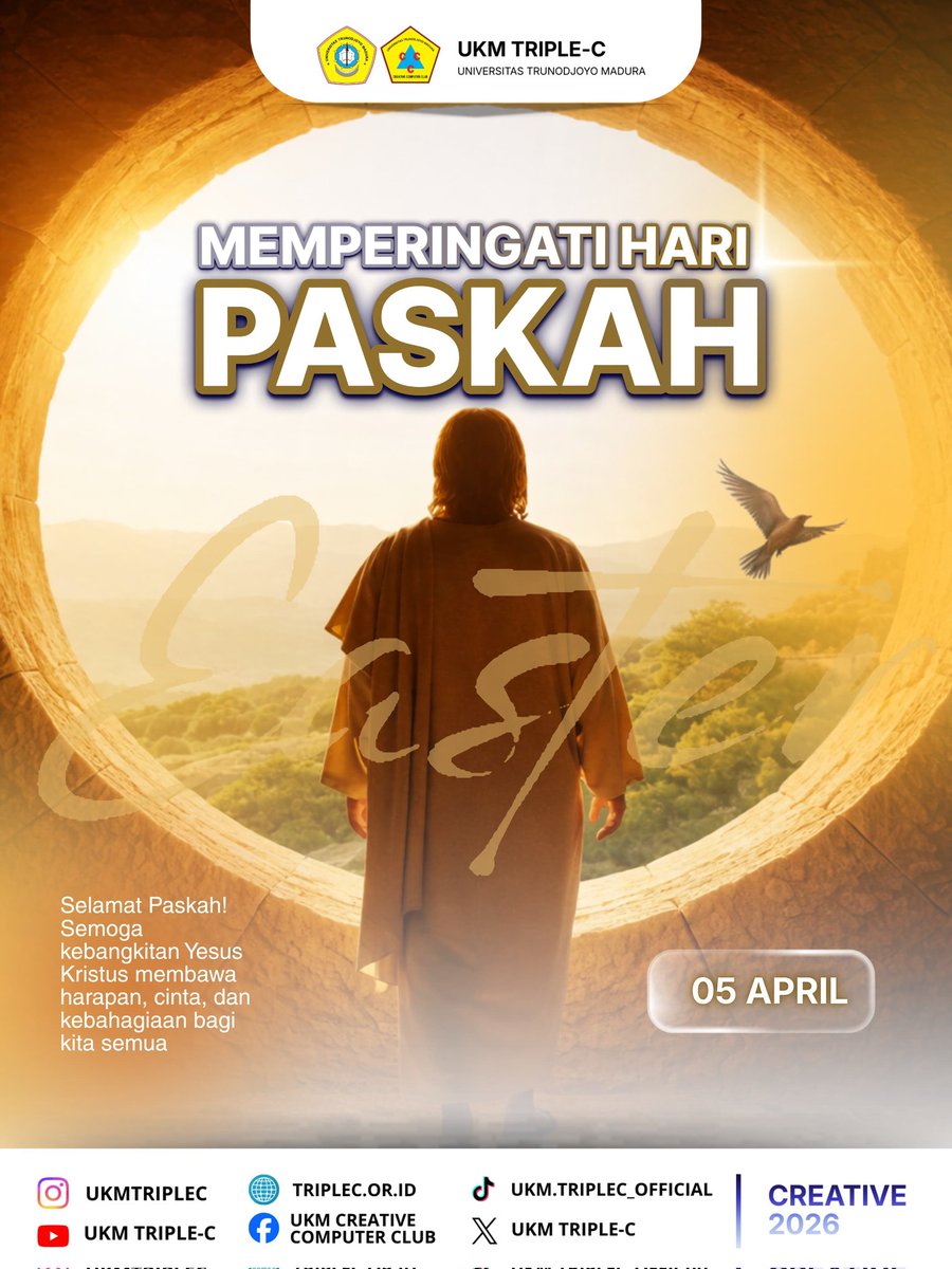 ukmtriplec1's tweet photo. [ HARI PASKAH ]

Keluarga besar UKM Triple-C mengucapkan Selamat Memperingati Hari Paskah

Hari ini menjadi pengingat bahwa setelah kesulitan selalu ada harapan, setelah kegelapan selalu ada terang.

Salam Creative!! 
Semangat Creative!!

#SemangatBerkarya
#Creative26
#UKMTRIPLEC https://t.co/RoKbG5V3AO