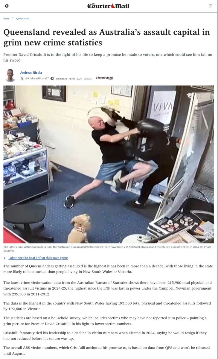 oskaandme's tweet photo. @Dazzaat Queensland revealed as Australia's assault capital in grim new crime statistics - CM
#CrisafulliisUnfittoLead #resign
#LNPfail #NeverVoteLNP https://t.co/j4KLFk3b9j