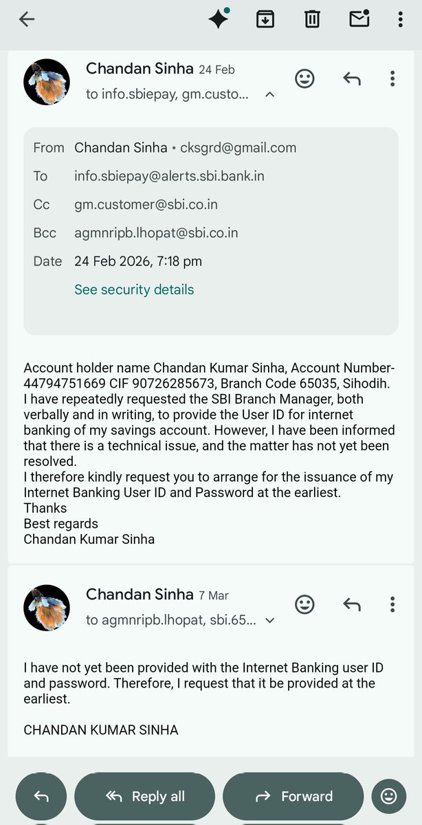 cksgrd's tweet photo. @TheOfficialSBI 
मैंने जनवरी 2026 में बचत खाता खुलवाया है। कई बार अनुरोध(मेल एवं ब्रांच जाकर) किया लेकिन युजर आईडी पासवर्ड उपलब्ध नहीं करवाया गया। अतः अनुरोध है कि अविलंब उपलब्ध कराया जाय। https://t.co/doJdODSTvO