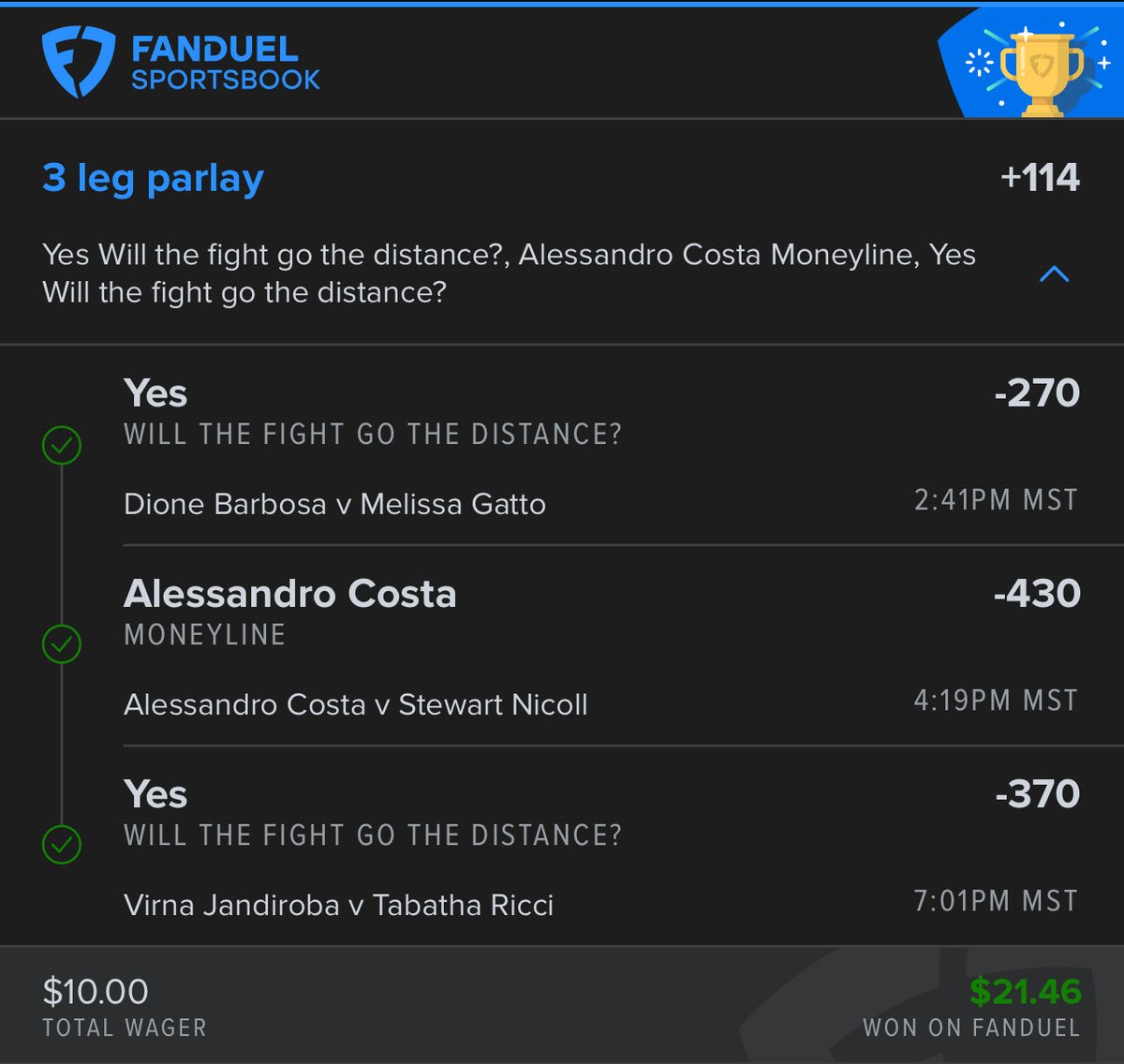 alejobets3's tweet image. UFC bets  

Parlay1
Bekoev❌
Barbosa✅

Parlay2
Costa ✅
Barbosa vs gatto gtd✅
Jandiroba vs ricci gtd✅