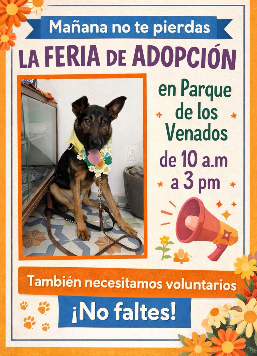 Mañana tenemos una cita muy especial 

No te pierdas nuestra feria de adopción en Parque de los Venados, de 10 a.m. a 3 p.m. 🐶🏡

Ven a conocer a perritos increíbles que están buscando una segunda oportunidad. Tal vez tu mejor amigo está esperando por ti.

También necesitamos
