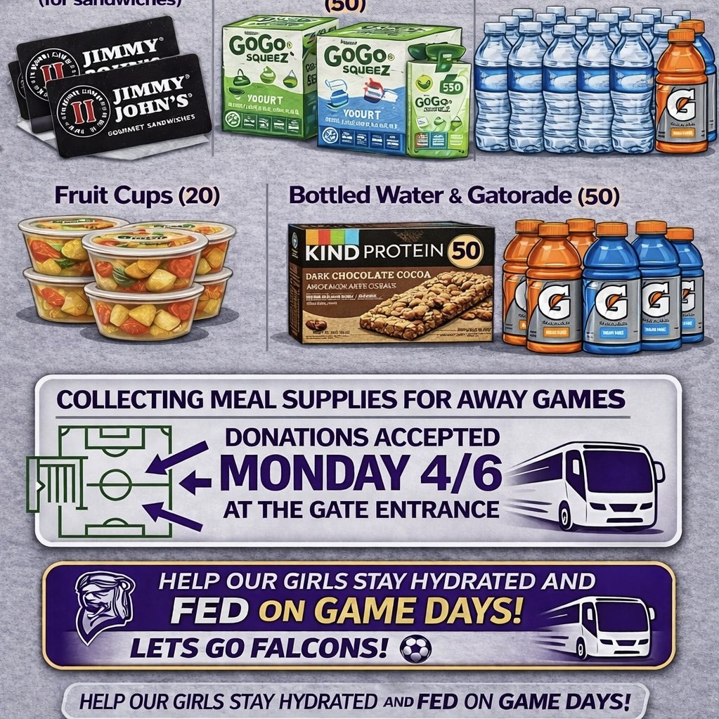 LNWGirlsSoccer's tweet photo. We are collecting items for our upcoming road games! #GoFalcons #AltaVolare https://t.co/QkhfSZODId