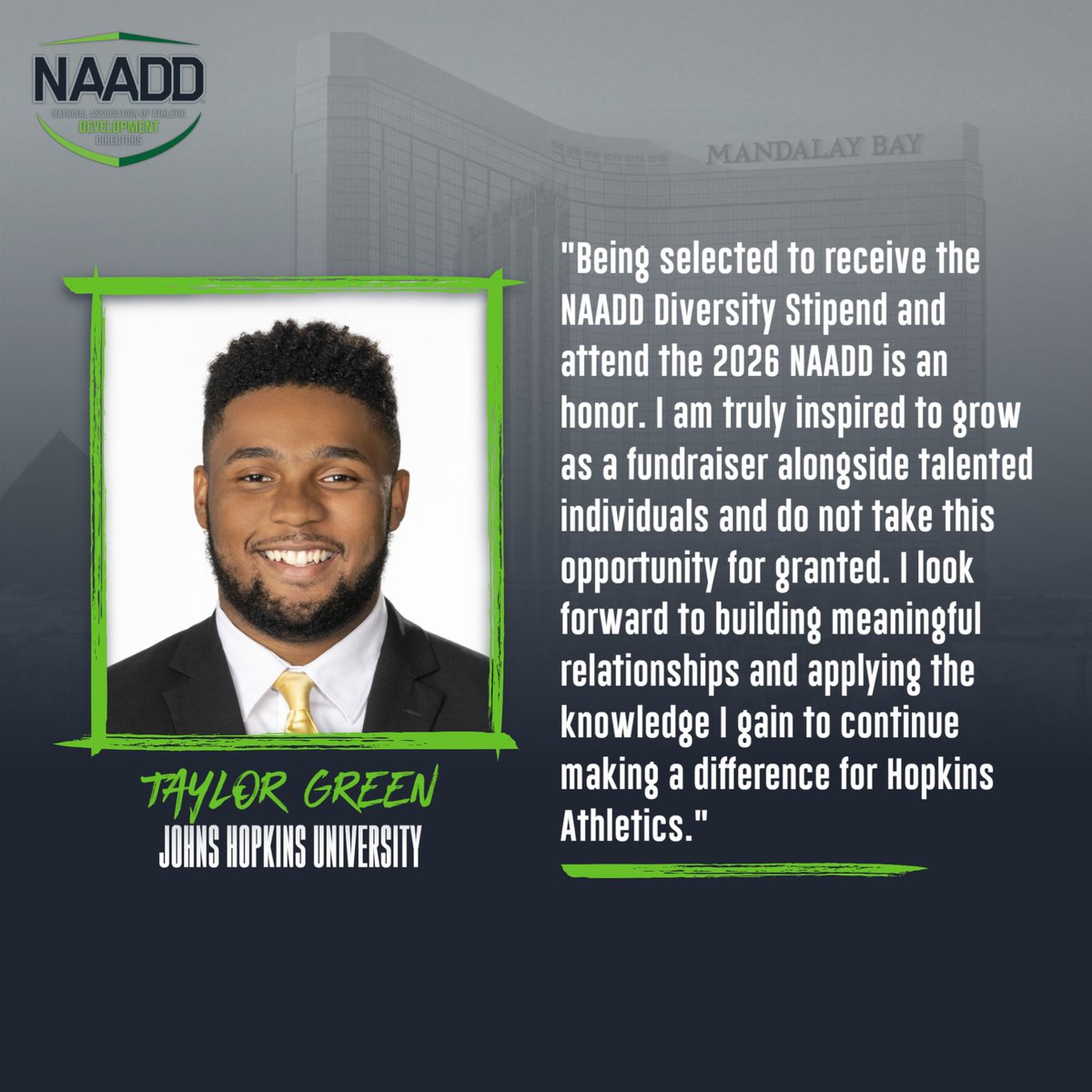 NAADDevelopment's tweet photo. Hear from one of our 2026 NAADD Diversity Initiative Stipend recipients, @Taylorgreen_9 at @HopkinsSports : What does attending the 2026 NAADD Convention mean to you?

⭐️Convention is 0⃣9⃣ days away!
Register here: https://t.co/WslxZY9ynR https://t.co/3JCik567M1