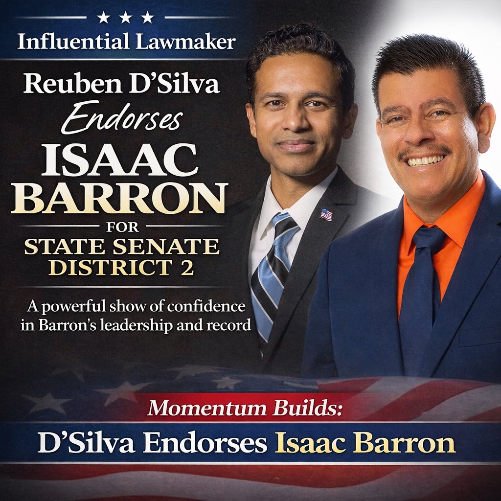 TomLetizia2's tweet photo. BIG endorsement. BIG momentum. 🇺🇸🔥
Influential lawmaker Reuben D’Silva is backing Isaac Barron for State Senate District 2—and the support keeps growing every day.
#IsaacBarron #NVPolitics #Momentum #Endorsement #VoteBarron #Nevada #LeadershipMatters https://t.co/DO6bTFSkdg