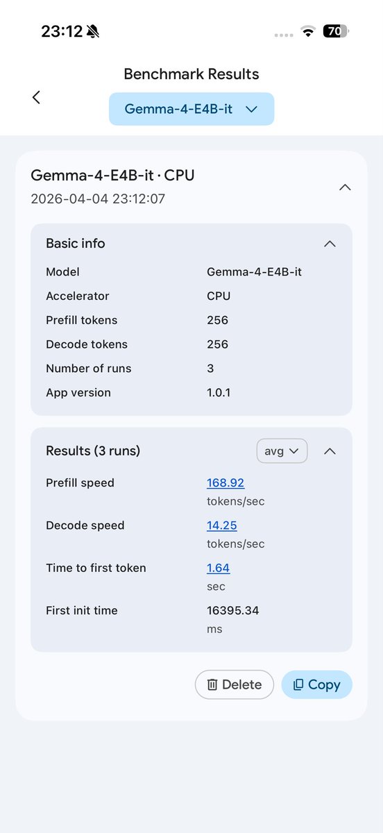 AsifVabche's tweet photo. @gregisenberg Using official app from google named  Google AI Edge gallery It feels very smooth in iPhone 17. Here are the benchmarks https://t.co/HQLHZ78s7V