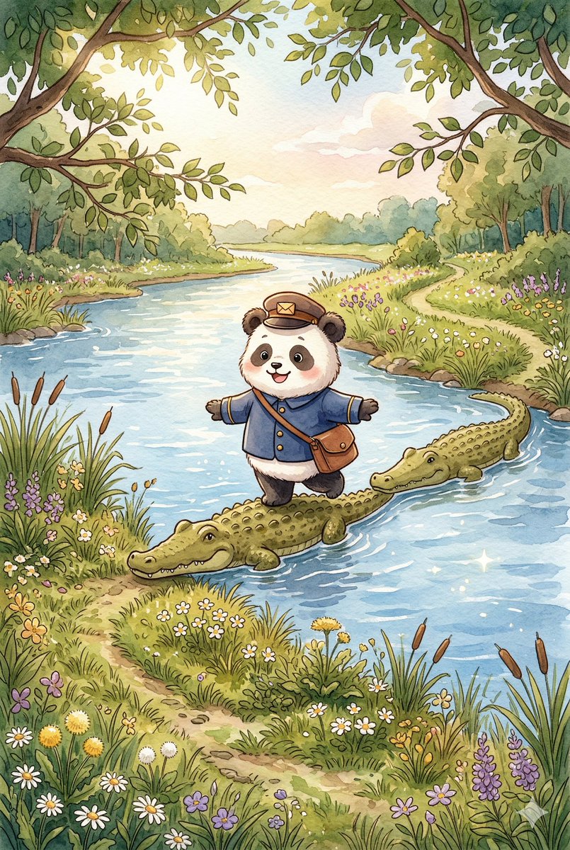 Panda_Studio_Ai's tweet image. 「なに ないてんだ ぼうず」
ワニたちが せなかで はしを つくってくれました。
そろり、そろり。いっぽずつ わたります。
　
#パンダ #panda #パンダ絵本 #てがみをとどけに