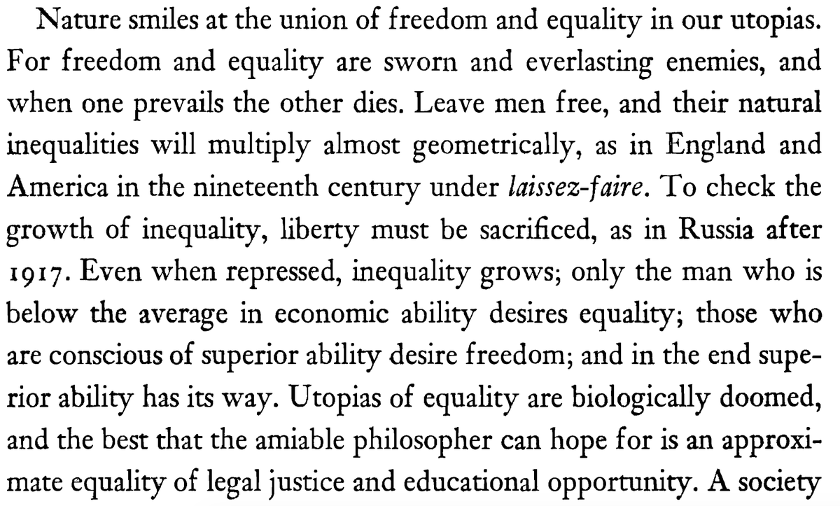 IMPERATORAUS's tweet image. I'm re-reading Will &amp;amp; Ariel Durant's Lessons of History for an upcoming article and came across this.

"Freedom and equality are sworn and everlasting enemies, and when one prevails the other dies."