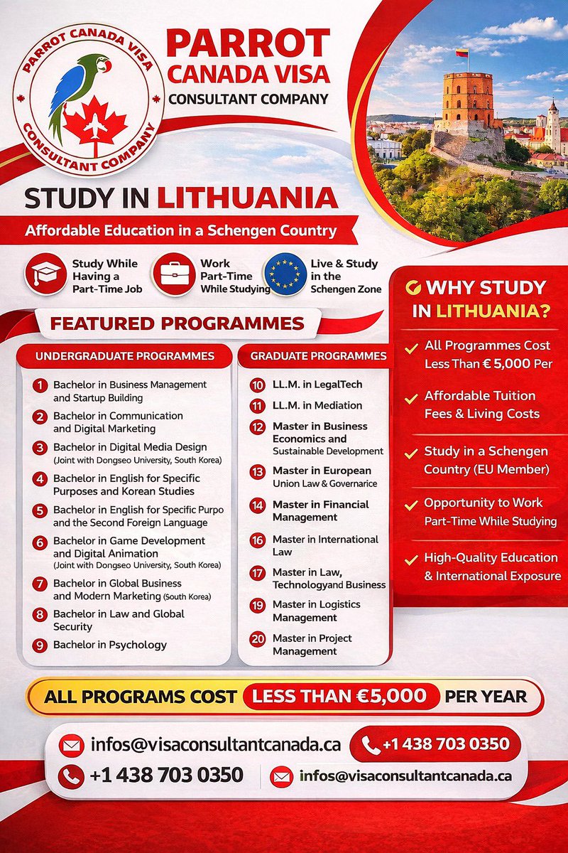 *Study in Lithuania Programmes*
Study in Lithuania — an affordable Schengen country where students can pursue their education while working part-time. All programmes cost less than €5,000 per year.
*1. Undergraduate Programmes*