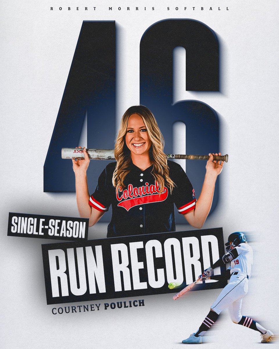 RMUSoftball's tweet photo. New record alert!🚨
With two runs scored today, @cpoulich8 has set a new single-season program record with 46 runs, surpassing her previous mark of 45 set last year!
Congrats Courtney!👏🔥 https://t.co/JLdtBy0gYA