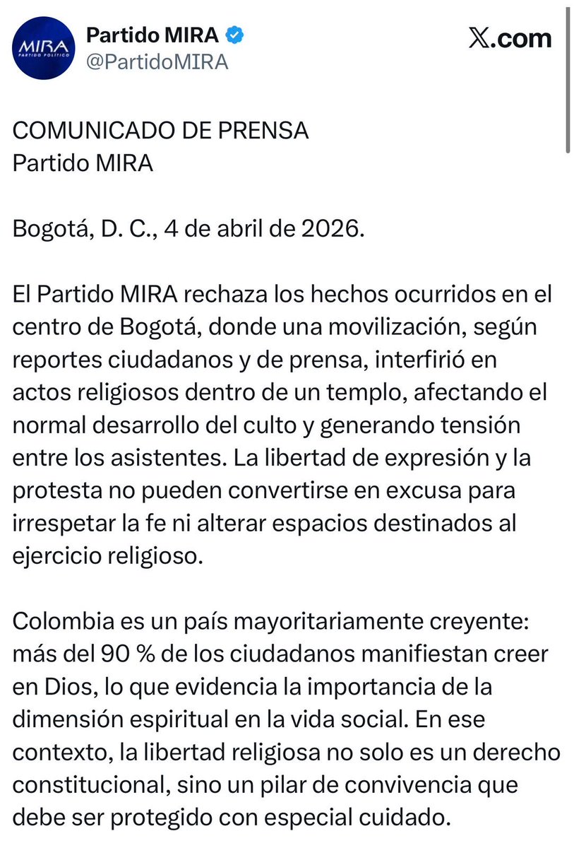 Horadelaverdad's tweet photo. El Partido MIRA condenó la interrupción de ceremonias religiosas en una iglesia durante la conmemoración del Viernes Santo y pidió a las autoridades investigar si se violaron la libertad de culto y las normas de convivencia ciudadana https://t.co/rMyefGBMUW