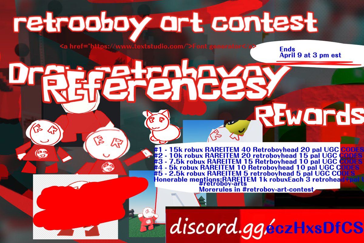 FoxyTheIceFox's tweet photo. HELLO retro bluds. there is currently a RETRO art contest at ROBLOX DISCUSSION right now for the FOLLOWING PRIZES!! If you like drawing RETRO then JOIN JOIN JOIN! see alt text
A total of... 40k+ ROBUX of prizes and RETROBOYHEADS..? and ugc items! plz join
#robloxart #ROBLOX https://t.co/VgMLyRv4le