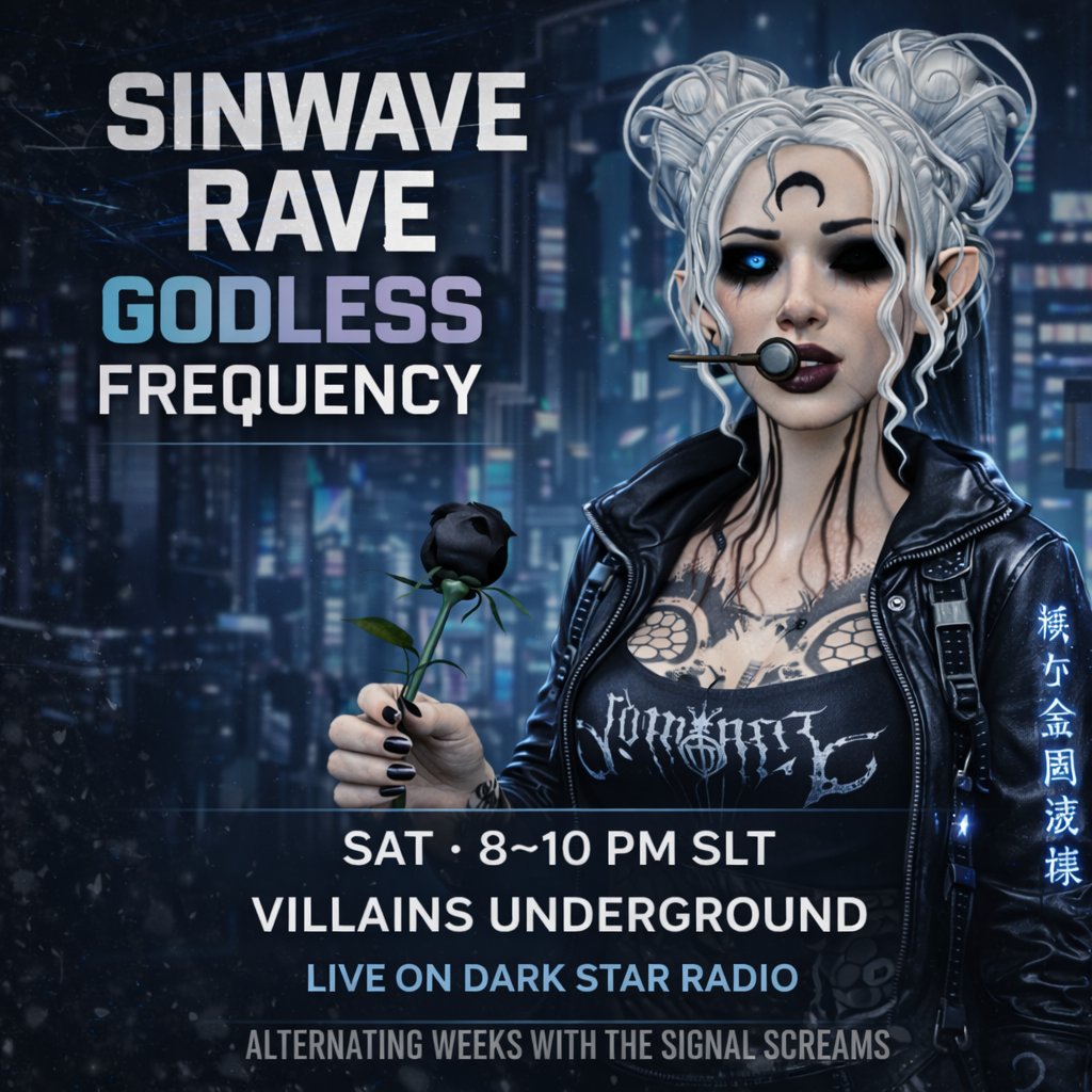 CelestraN48094's tweet image. 8PM - 10PM SLT Tonight on Dark Star Radio darkstarradio.com

live @ Villains Underground
maps.secondlife.com/secondlife/inf…

Lady Desire presents
Sinwave Rave Godless Frequency
Episode 7 Destiny Is a Weapon

#Industrial and #aggrotech with live #requests

#RadioShow #Secondlife #SLDJ