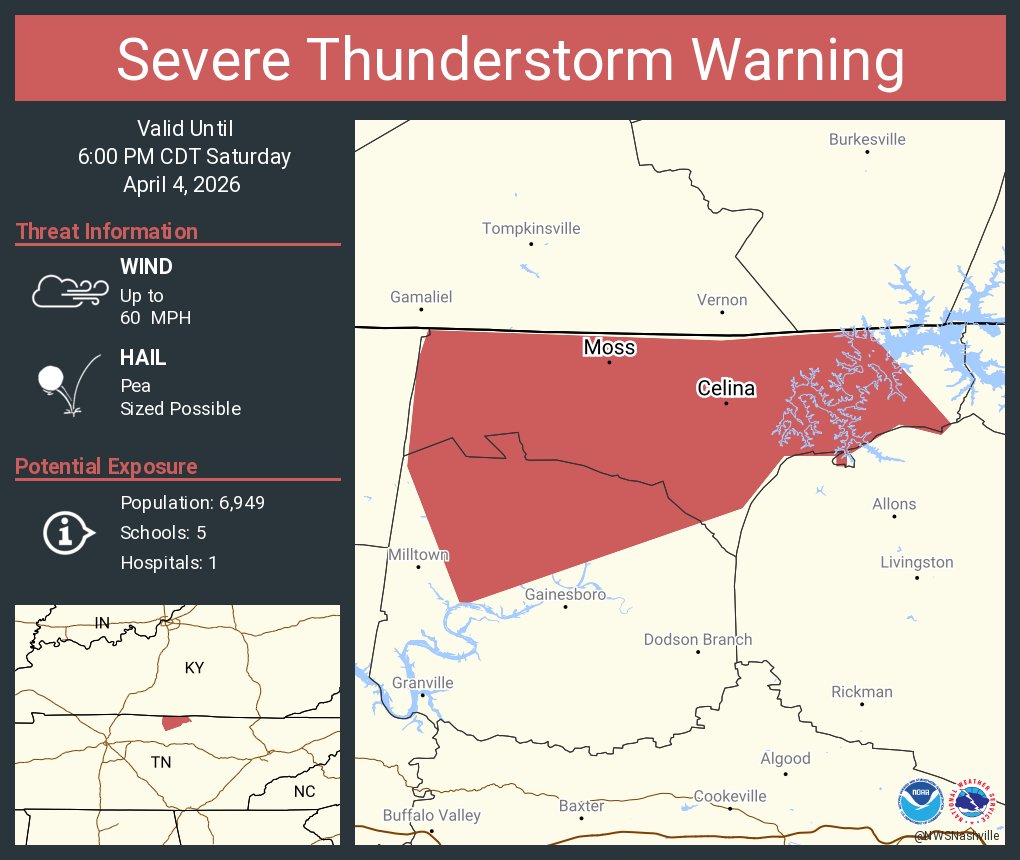 Severe Thunderstorm Warning continues for Celina TN, Hermitage Springs TN and  Moss TN until 6:00 PM CDT