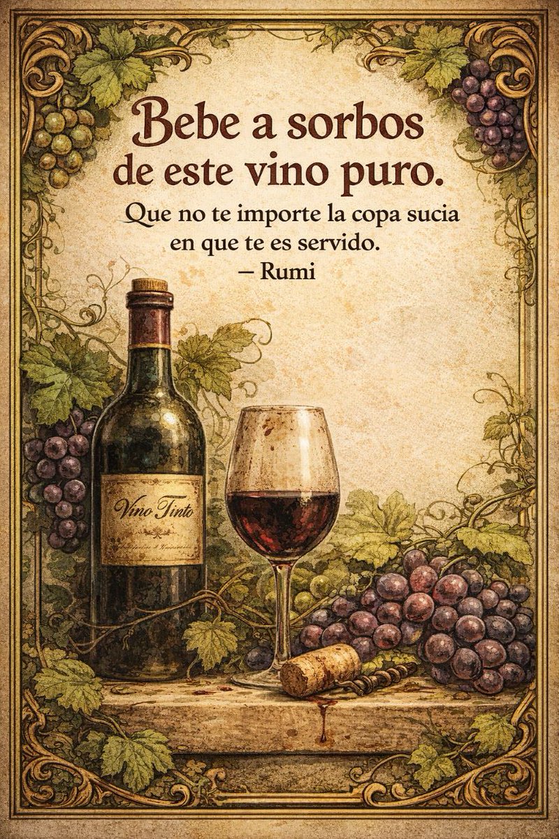 Izack4X4's tweet photo. "Bebe a sorbos de este vino puro.
Que no te importe la copa sucia en que te es servido.
— Rumi"
Contexto en el siguiente post👇 https://t.co/dav1jodAxk