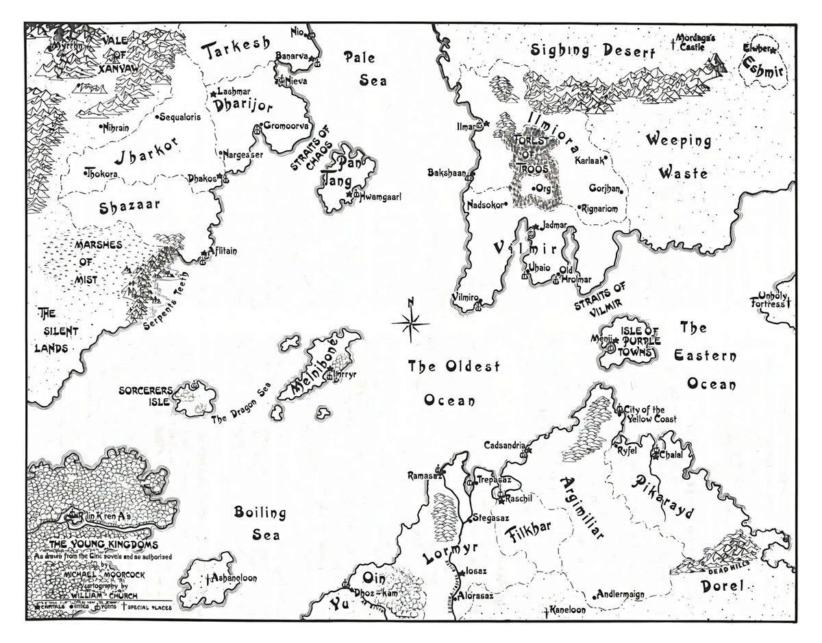 The world of ‘Elric of Melnibone’

The first edition boxed set of the RPG ‘Stormbringer’, created by Chaosium in 1981, displayed this cover of Elric on the box and also contained this map of Melnibone and The Young Kingdoms within its pages 

(Please correct me where I’m wrong)