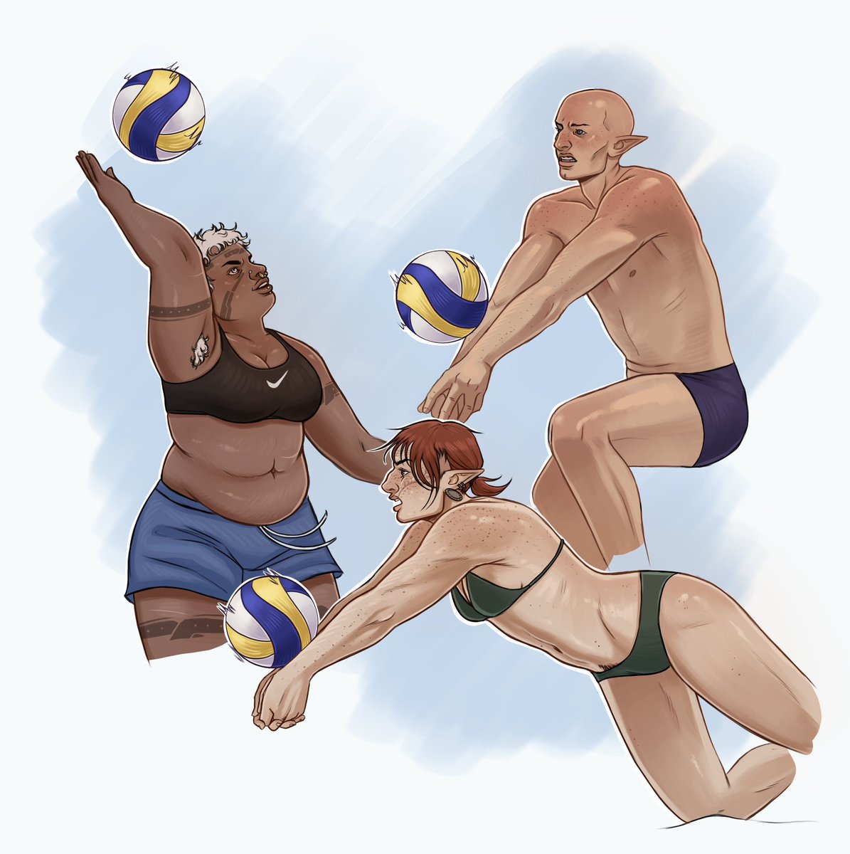 dread_coyote's tweet photo. Beach day!! ☀️

Neve, Ghilan, and Morrigan relaxing while Rika demolishes Solas and Evyn at volleyball https://t.co/aOLrZDAxqH