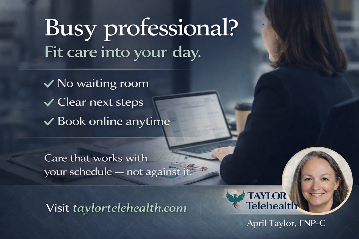 taylorthealth's tweet image. Busy professional?

Fit care into your day.

No waiting room. Clear next steps. Book online anytime.

Visit taylortelehealth.com

#TaylorTelehealth #BusyProfessional #VirtualCare #ConvenientCare