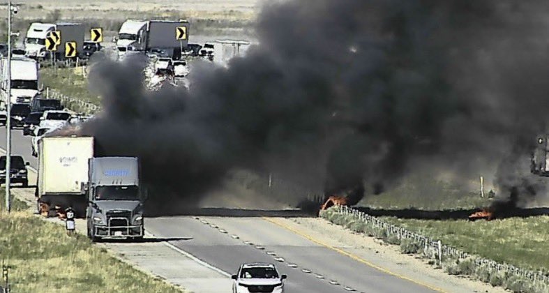 SLCScanner's tweet image. #Breaking #TrailerFire #GrassFire
MM-105 I-80 WB. A semi trailer caught fire after a possible tire exploded. Debris from the tire caught the median on fire. The driver detached the semi truck from the trailer. There is paper products in the trailer. All WB traffic is #closed.
