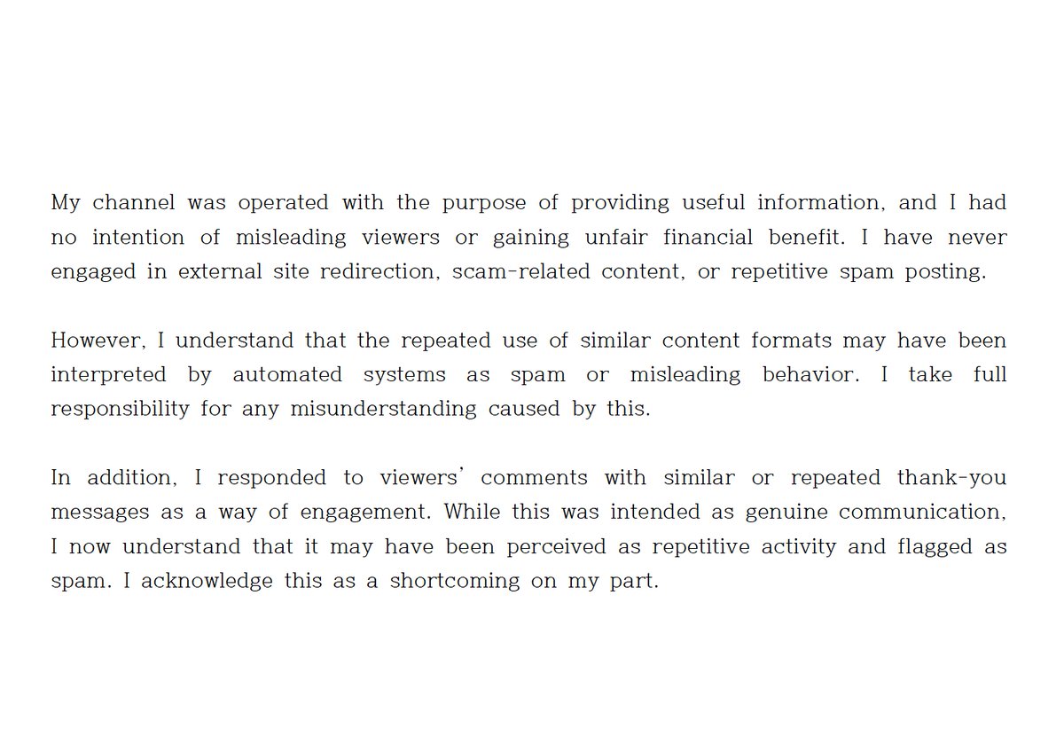 hjongtae1234's tweet photo. @TeamYouTube
My channel was terminated and my appeal was rejected.
I believe this may be a misunderstanding.
Detailed information is provided in the attached images.

Could you please review my case again?
Channel URL: https://t.co/0apXjDJvMB https://t.co/B96UKgRAHG