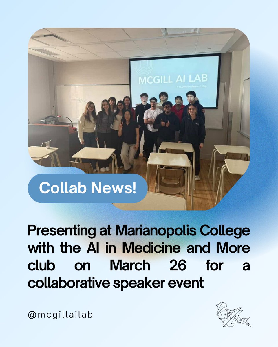 mcgillailab's tweet photo. Last week, we collaborated with AIMM at Marianopolis College for a speaker event.  

We shared our research, introduced the AI Lab, and wrapped up with a Q&amp;A on AI pathways &amp; careers.

Great conversations, looking forward to collaborating again in the future 👏 https://t.co/y1QYS4DYcT