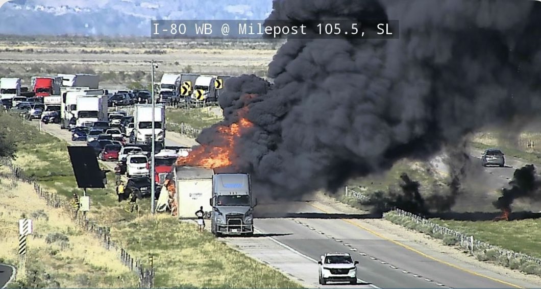 SLCScanner's tweet image. #Breaking #TrailerFire #GrassFire
MM-105 I-80 WB. A semi trailer caught fire after a possible tire exploded. Debris from the tire caught the median on fire. The driver detached the semi truck from the trailer. There is paper products in the trailer. All WB traffic is #closed.