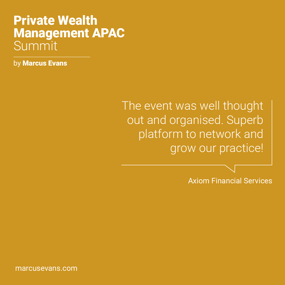 marcusevans's tweet photo. "The event was well thought out and organised. Superb platform to network and grow our practice!" – Axiom Financial Services

That's the impact of the PWM APAC Summit. Register today: https://t.co/X6nsM9vzry

#APACSummit #MarcusEvans #WealthGrowth #FamilyOffice https://t.co/Njz49F6Nte