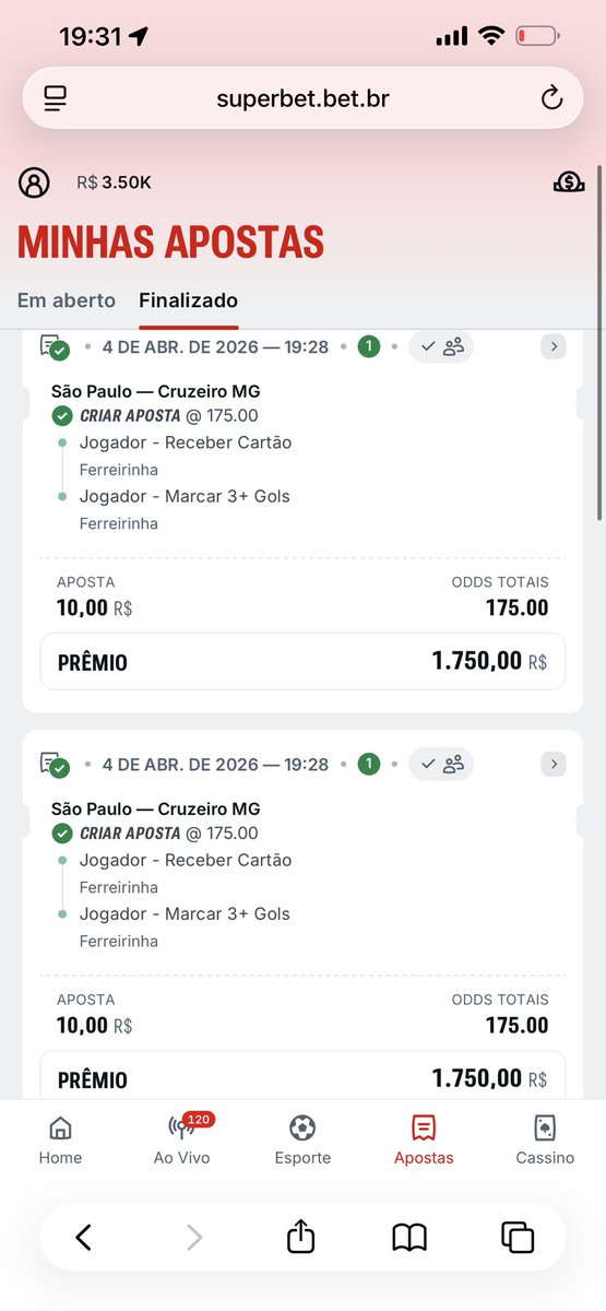 Eita Ferreirinha, que forra foi essa rapaz. 🤣🤣
Que sábado de aleluia lindo. 🤩🤯
ODD 175. ✅✅✅
Aposta feita nos acréscimos. 🤯
3k500 com 20 reais. 🤫