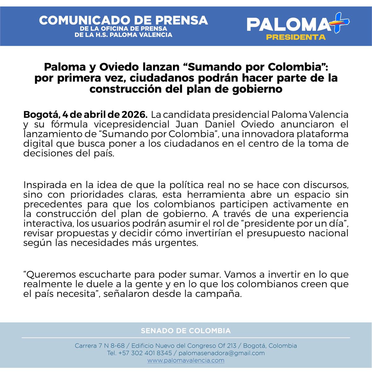 PrensaPalomaV's tweet photo. La candidata @PalomaValenciaL y su fórmula @JDOviedoAr lanzan “Sumando por Colombia”: por primera vez, ciudadanos podrán hacer parte de la construcción del plan de gobierno. https://t.co/N3T7wQ3CFs https://t.co/PdbEOd2Ynq