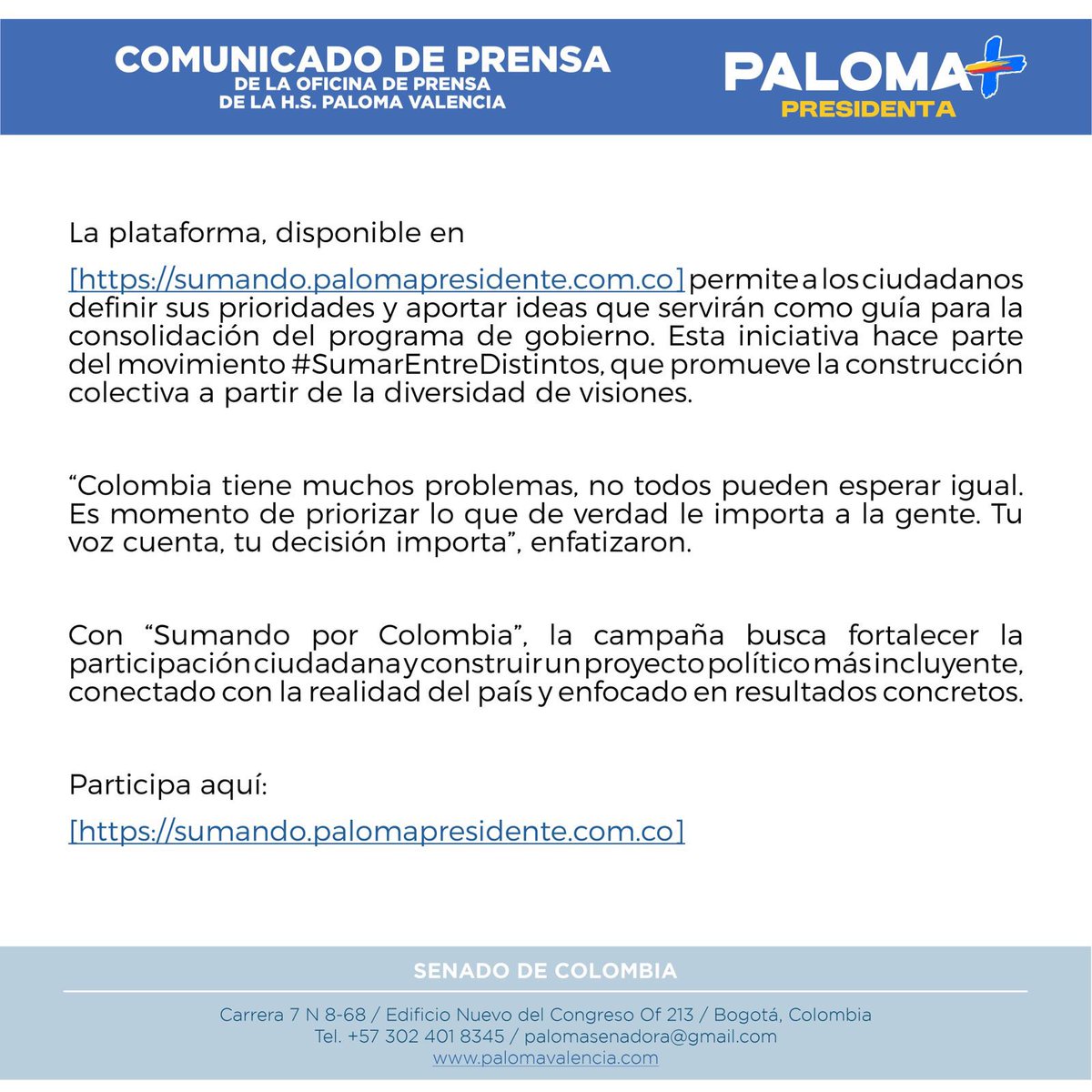 PrensaPalomaV's tweet photo. La candidata @PalomaValenciaL y su fórmula @JDOviedoAr lanzan “Sumando por Colombia”: por primera vez, ciudadanos podrán hacer parte de la construcción del plan de gobierno. https://t.co/N3T7wQ3CFs https://t.co/PdbEOd2Ynq