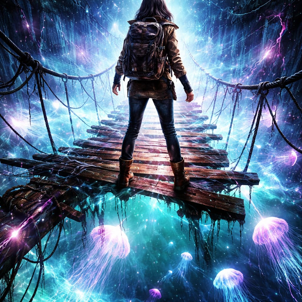 aefte_ai's tweet photo. #Promptsharing
Made in GPT 1.5
Prompt:
splashy sparkly close-up fearless explorer stands at a old wooden suspension bridge, wooden boards plunging into a neon sea of glowing mist. Her leather boots hover over the void as bioluminescent jellyfish drift beneath. Faint echoes of distant engines hum against broken wooden boards; electric tendrils snake along corroded tracks. streaked energy, distorted & fragmented imagery, experimental & abstract.