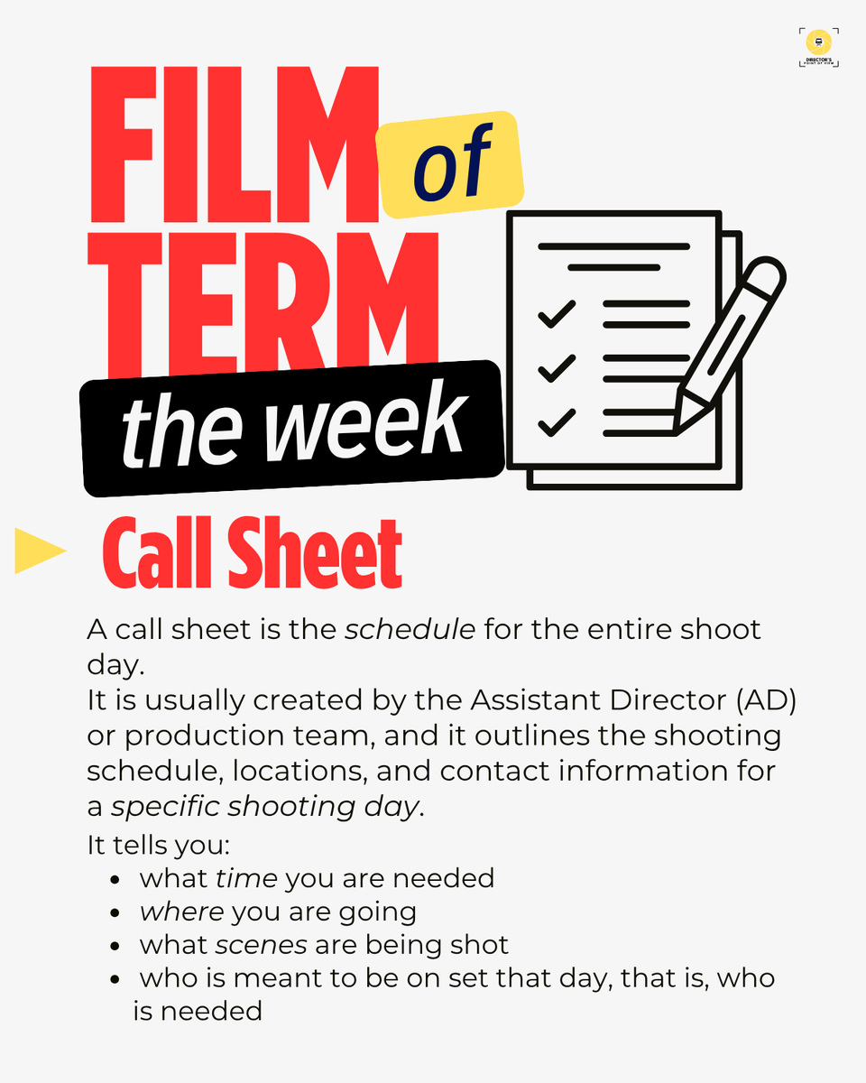 amandajsibanda's tweet photo. 🎬 Film Term of the Week - Call Sheet
Most people think film sets run on creativity alone.
They do not. They also run on structure.
The call sheet is what keeps everything moving - who is needed, when to arrive and what is being shot.

#FilmTerm #CallSheet #Production #Filmmaking https://t.co/QOUUcRETBy