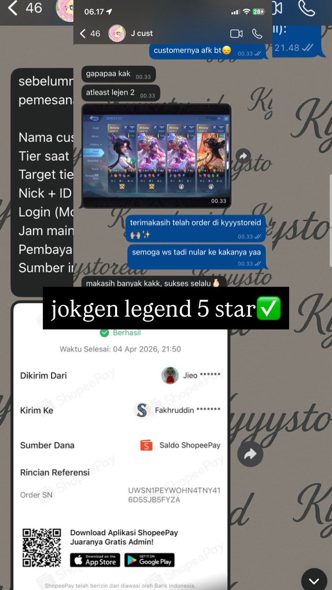 fakhruddinass's tweet photo. testimoni joki ml kyyystoreid

- jokgen legend 5 star no lose✅
- jokgen 4 star honor no lose✅
- joki ml 9 star honor no lose✅
- joki gendong legend 1 star mitik 1 star✅

udah ready lagi yaa joki ml joki gendong order wa di bio🙌🏼✨ harga termurah aman trusted https://t.co/e2w989tCHf