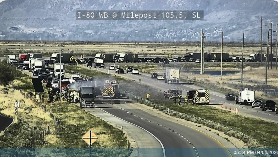 SLCScanner's tweet photo. #UPDATE #TrailerFire Command advised that the trailer fire is under control. A fire investigators requested to respond. With westbound traffic being #closed, it is backing up a few miles. At 7200 W from I-80, you can go south to U-201 and head westbound and bypass this incident. https://t.co/TIyEE28dMl