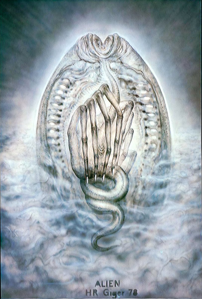 RJCrowtherJr's tweet image. Don't count your Xenomorphs before they're hatched. H.R. Giger's Alien eggs concept art. The painting with eggs in a cardboard carton kills me. #HRGiger #Easter