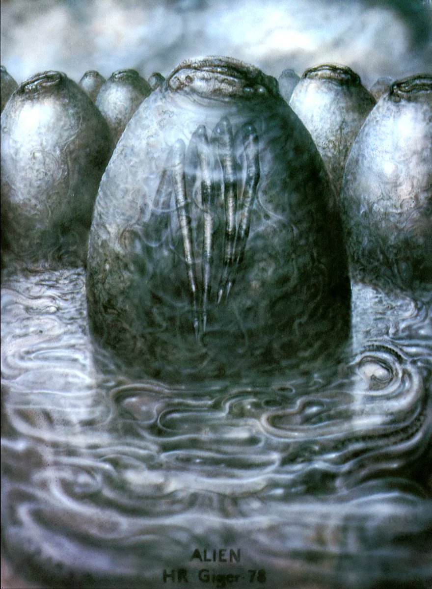 RJCrowtherJr's tweet image. Don't count your Xenomorphs before they're hatched. H.R. Giger's Alien eggs concept art. The painting with eggs in a cardboard carton kills me. #HRGiger #Easter