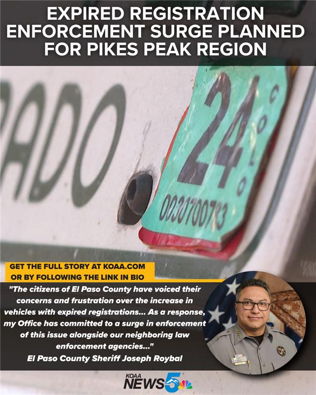 KOAA's tweet image. Several law enforcement agencies across the Pikes Peak region are planning an expired vehicle registration surge.  
 
CSPD says officers are taking a zero-tolerance stance on the issue.

More at: tinyurl.com/bddpnna5 
 
#surgeenforcement #registration #tags