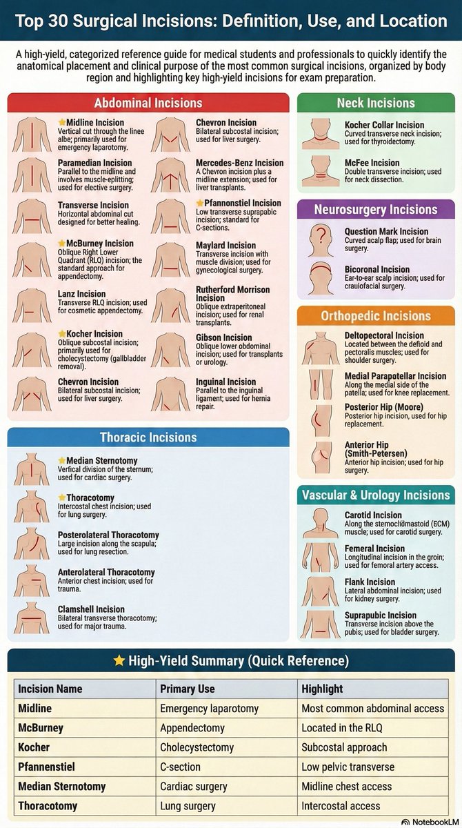 DrNaseemSuhail's tweet photo. Important Surgical Incisions - Must Know List
@IhabFathiSulima
#SurgicalIncisions #HighYield #MustKnow #MedStudent #SurgeryTips #ClinicalPearls https://t.co/JLQJHBIfzK