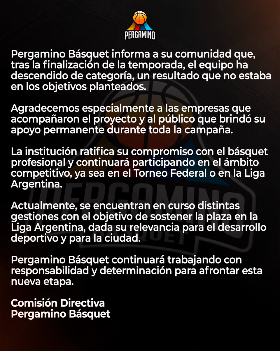 PergaminoB's tweet photo. Comunicado Oficial ✅

Pergamino Basquet informa su continuidad dentro del básquet profesional. https://t.co/iWo4wMmSw6