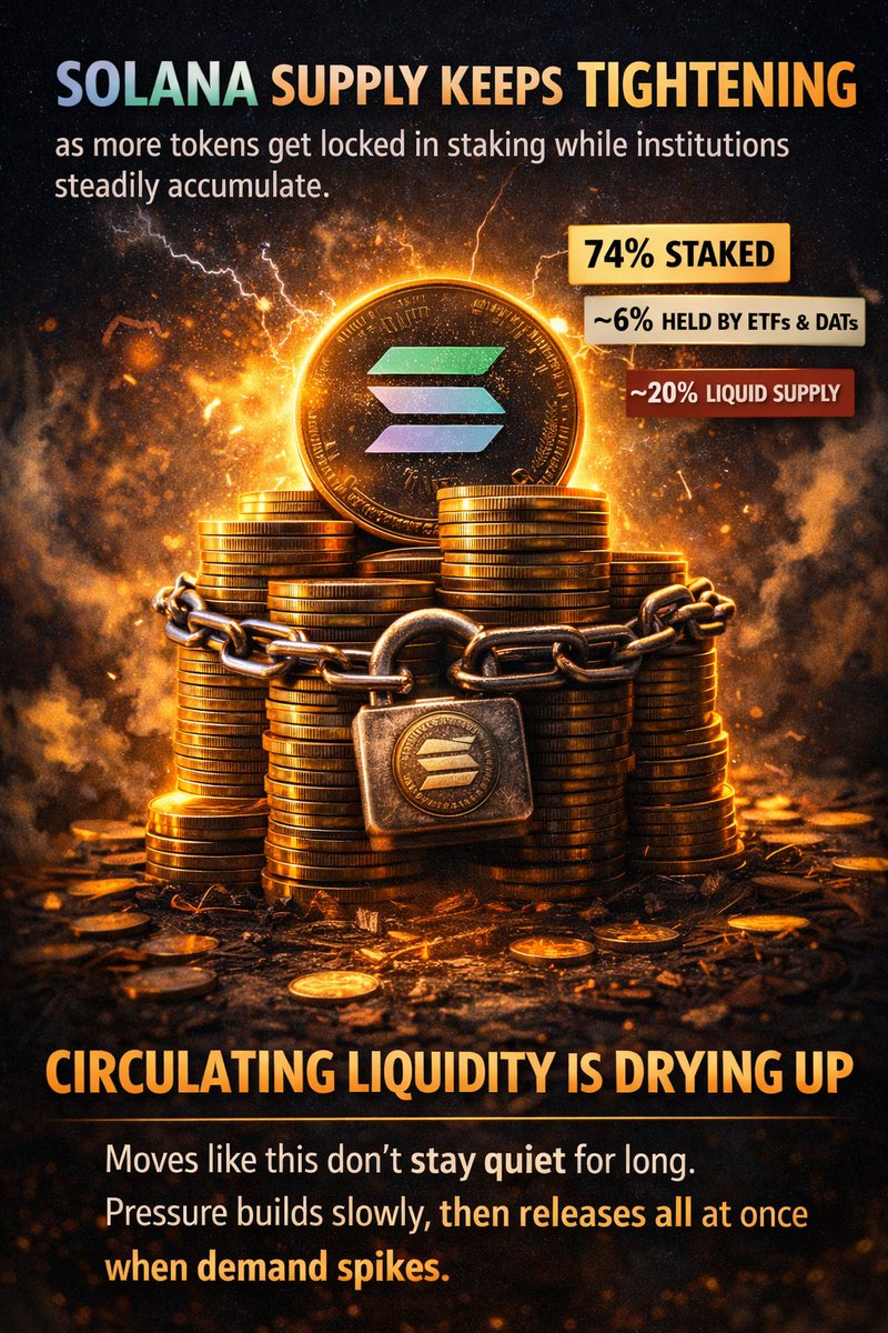 Volcanicfury363's tweet photo. Solana supply keeps tightening as more tokens get locked in staking while institutions steadily accumulate. Circulating liquidity is drying up, and moves like this don’t stay quiet for long. Pressure builds slowly, then releases all at once when demand spikes. https://t.co/HSyskFbalM