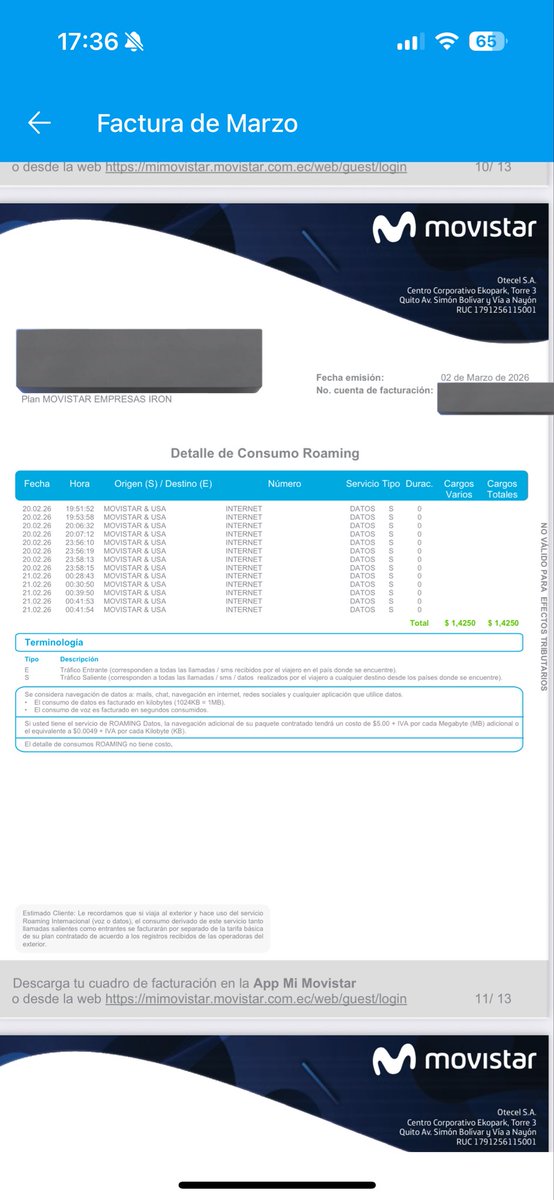 aleear's tweet photo. @MovistarEC me está cobrando x roaming que no solicité y que ni siquiera sirvió. No tengo ni 1mega de uso de datos. El roaming estaba apagado, el eSIM también y los datos. Entonces xq me cobran $120 @DEFENSORIAEC https://t.co/Nc3AkP3Naa