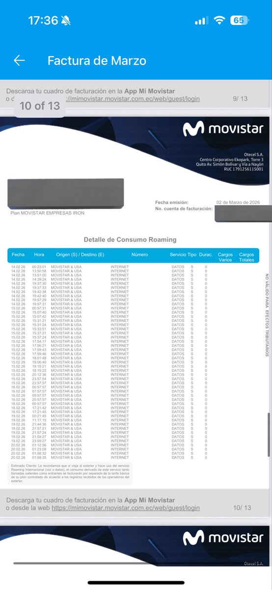 aleear's tweet photo. @MovistarEC me está cobrando x roaming que no solicité y que ni siquiera sirvió. No tengo ni 1mega de uso de datos. El roaming estaba apagado, el eSIM también y los datos. Entonces xq me cobran $120 @DEFENSORIAEC https://t.co/Nc3AkP3Naa