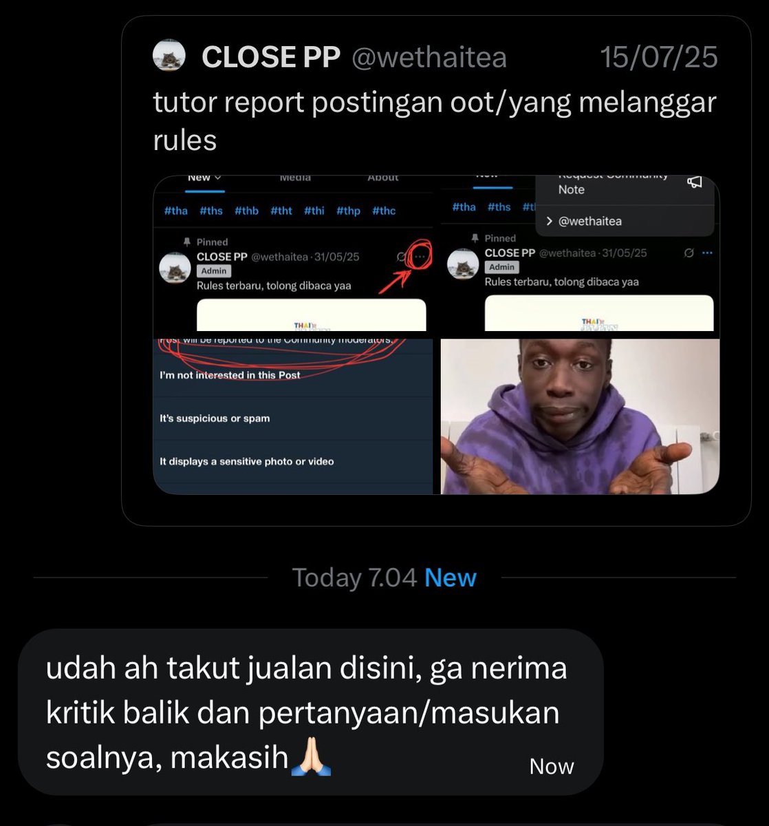 wethaitea's tweet photo. fyi admin ngehide dan kasih peringatan itu via report dari member lain. pekara dikasih peringatan dan dikasih tutor report biar sama sama enak malah gamau wkwkwk https://t.co/a7J1eLmC4H