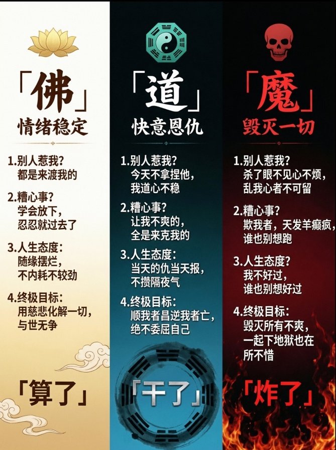 xuanmendaojiao's tweet photo. 【三教风云录】

佛教：委曲求全
魔教：玉石俱焚
道教：说干就干👊

人生在世，贫道只求一个“爽”字。
评论区告诉我你选哪一家😉？
#道友请留步 https://t.co/VmBOteQkqi