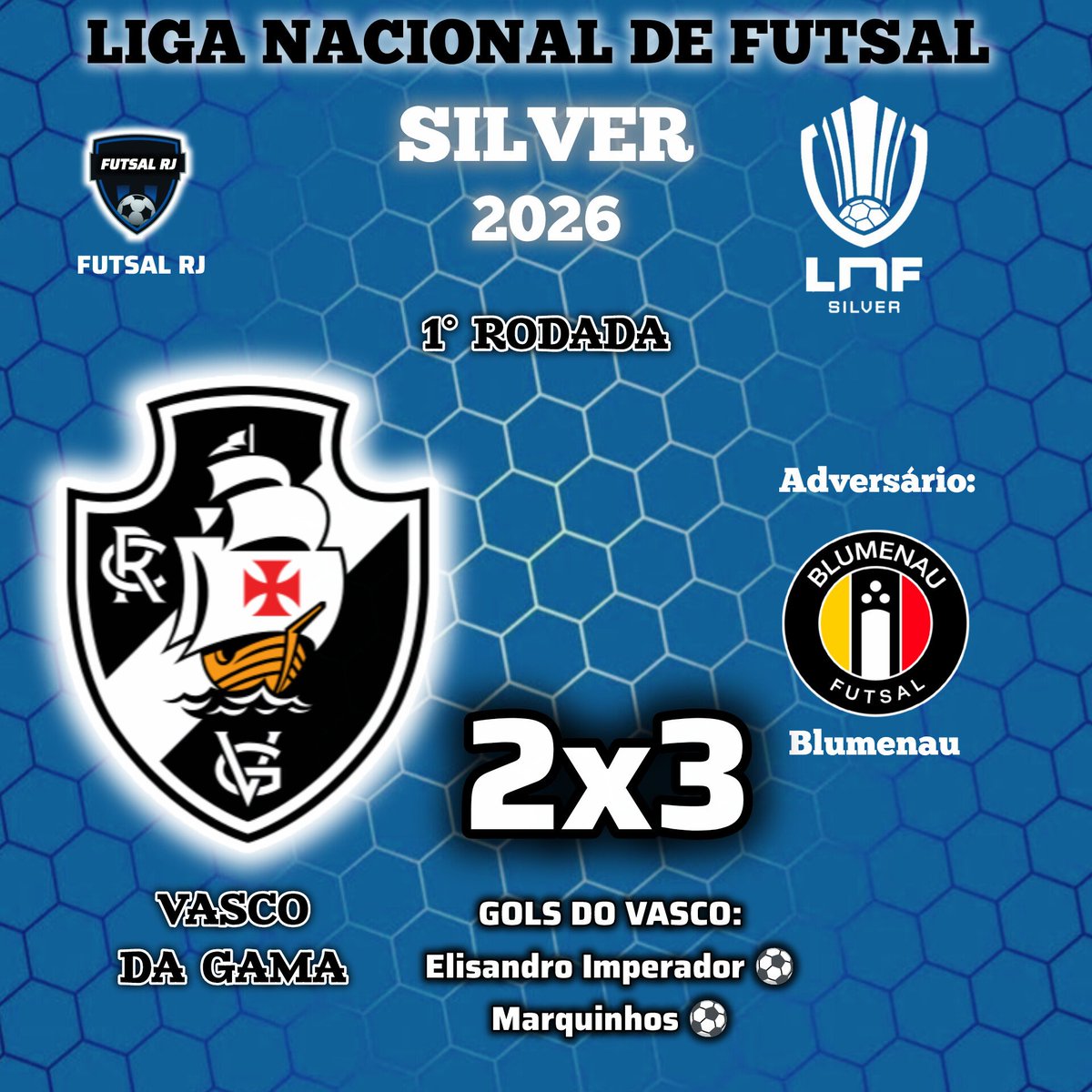 FutsalRJ2025's tweet photo. VASCO NA LNF SILVER

O Gigante da Colina perdeu para o Blumenau por 3 a 2 na estréia da Liga Nacional de Futsal Silver.

Os gols Cruzmaltino foram feitos por Elisandro Imperador e Marquinhos.

#FutsalRJ #VascoNaLNFSilver #LNFSilver #LNF #Silver https://t.co/Fuk0kixsVq