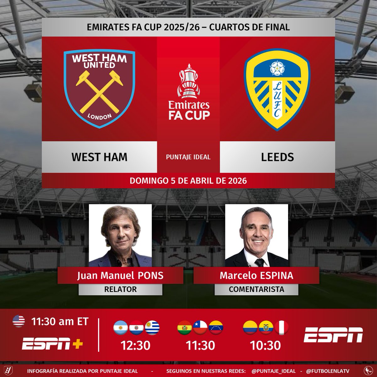 Puntaje_Ideal's tweet photo. ⚽ #FACup 🏴 | #WestHam vs. #Leeds
🎙 Relator: Bambino Pons
🎙 Comentarista: @marceloespina8
📺 #ESPN Sudamérica
💻📱 @ESPNPlus 🇺🇸
💻📱 @disneyplusla Sudamérica
🤳 #FACUPxESPN - #DisneyPlus - #EmiratesFACup
Dale RT 🔃 https://t.co/LJ3GgaFukw