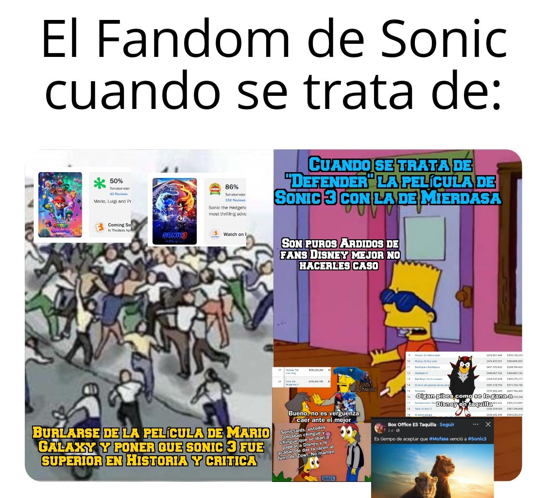 P3chug4sYT's tweet image. Déjame apoyarte, Cuando fue lo de #SonicMovie3 vs #Mufasa El fandom de Sonic se fue en contra de Mufasa y cuando este empezó a recaudar más que Sonic 3 , los "Fans de Rey leon" se fueron en contra de con la película de Sonic y ni siquiera el fandom lo defendió mucho...