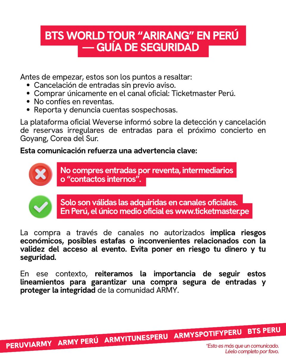 bts_peru1's tweet photo. COMUNICADO CONJUNTO

Ante las situaciones que vienen surgiendo alrededor del BTS WORLD TOUR ARIRANG – LIMA, las fanbases firmantes emitimos el siguiente pronunciamiento informativo y preventivo dirigido a toda la comunidad.
Lee, infórmate y comparte. https://t.co/f9TcCmvEAO
