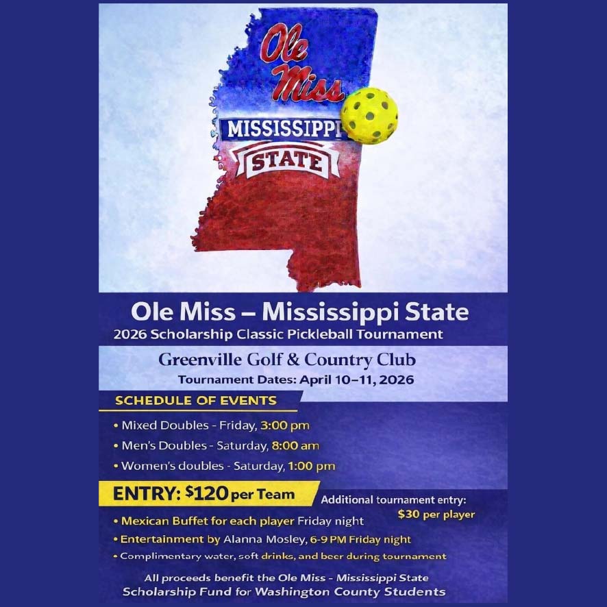 PickleballState's tweet photo. ￼• “2026 Scholarship Classic Tournament”

Pickleball Tournament in Greenville, Mississippi
April 10-11, 2026

https://t.co/kozKPXfNQH https://t.co/ZnzuiPmOf7