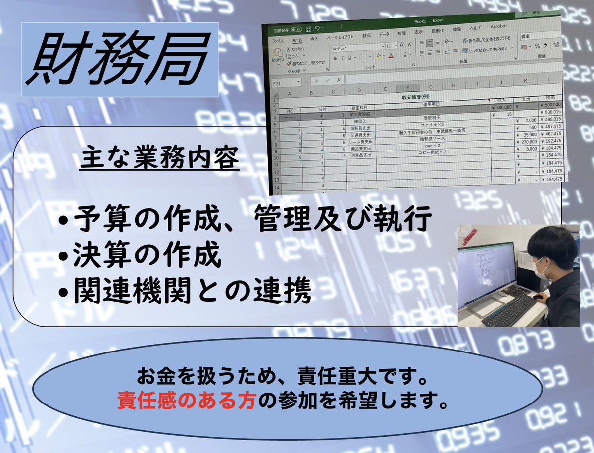 cec_daito's tweet photo. 【局・班紹介】

今回は"財務局"です！

気になることがありましたら
お気軽にご連絡ください！🙂‍↕️

 #春から大東文化 
 #春から大東文化大学 
 #春からdbu https://t.co/IQryIzJ3ic